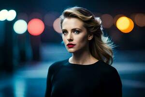 a beautiful woman with red lipstick and black dress in the dark. AI-Generated photo