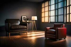 a living room with two leather chairs and a lamp. AI-Generated photo