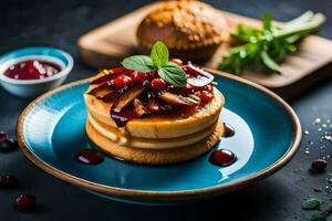 a stack of pancakes with cranberries and maple syrup. AI-Generated photo