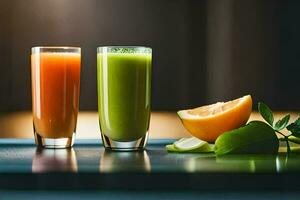 dos lentes de jugo con un naranja rebanada. generado por ai foto