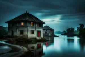 a house sits on the shore of a river at night. AI-Generated photo