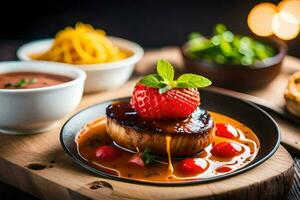 a plate with a steak, sauce and a strawberry. AI-Generated photo