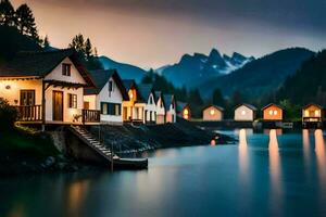 houses on the shore of a lake at night. AI-Generated photo