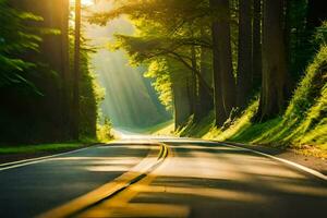 a road in the woods with sunbeams shining through the trees. AI-Generated photo