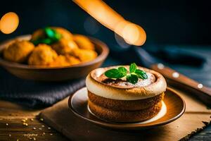 un postre en un plato con un cuenco de alimento. generado por ai foto