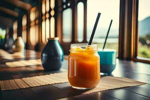 a glass of orange juice sitting on a table. AI-Generated photo