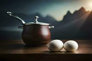 two eggs and a pot on a table. AI-Generated photo