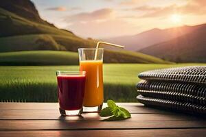 two glasses of juice on a table with a mountain in the background. AI-Generated photo