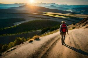 un caminante camina a lo largo un suciedad la carretera en el montañas. generado por ai foto