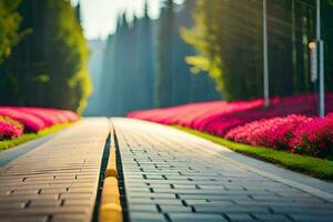 a road lined with pink flowers and trees. AI-Generated photo