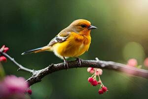 un pequeño naranja pájaro se sienta en un rama con flores generado por ai foto