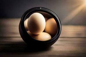 three eggs in a bowl on a table. AI-Generated photo