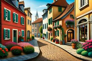 an illustration of a street in a european city. AI-Generated photo