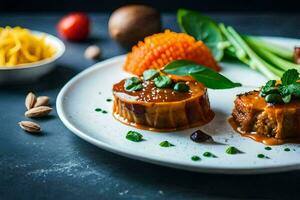 dos piezas de carne en un plato con vegetales. generado por ai foto