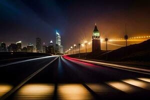 un largo exposición fotografía de un ciudad horizonte a noche. generado por ai foto