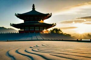 the sun sets behind a pagoda in the background. AI-Generated photo