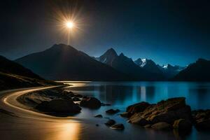 the moon shines over a lake and mountains at night. AI-Generated photo