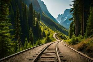 a train track in the mountains with trees and mountains. AI-Generated photo