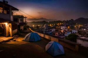 two tents are lit up at night in a village. AI-Generated photo
