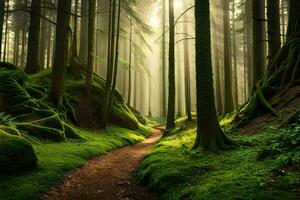 un camino mediante un bosque con cubierto de musgo arboles generado por ai foto