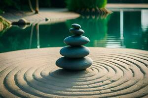 a stack of stones sitting on top of a circular pond. AI-Generated photo