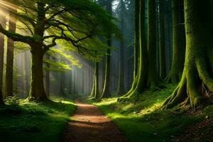 a path through a green forest with trees and sunbeams. AI-Generated photo