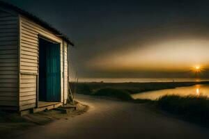 a small hut sits on the beach at sunset. AI-Generated photo