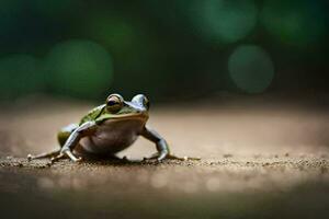 a frog sitting on the ground in front of a blurry background. AI-Generated photo
