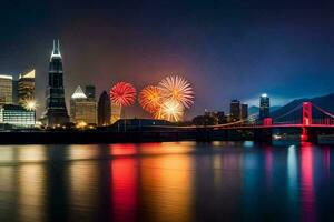 fireworks are lit up in the sky over a city. AI-Generated photo