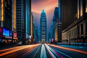 un ciudad calle con tráfico luces y alto edificios generado por ai foto