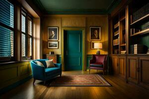 a room with a blue chair and green door. AI-Generated photo