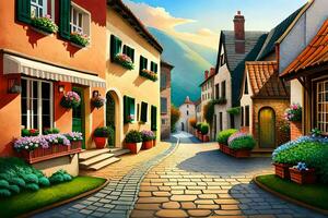 an illustration of a street in a village. AI-Generated photo