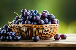 a basket full of grapes on a table. AI-Generated photo