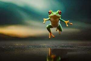 a frog jumping in the air with its eyes open. AI-Generated photo