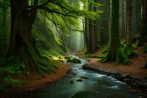 un corriente carreras mediante un bosque con arboles y rocas generado por ai foto