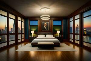 a bedroom with a large bed and a view of the city. AI-Generated photo