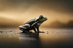 un rana sentado en el suelo en frente de un puesta de sol. generado por ai foto