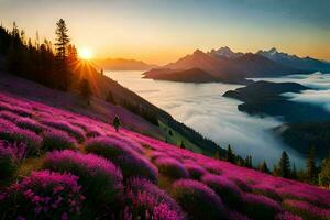 photo wallpaper mountains, flowers, the sky, the sun, the clouds, the mountains, flowers. AI-Generated