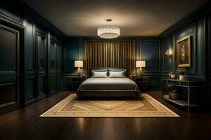 a bedroom with dark wood floors and blue walls. AI-Generated photo