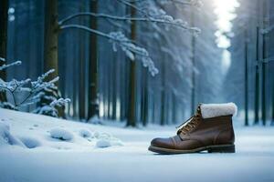 marrón botas en el nieve. generado por ai foto