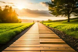 a wooden path leads to a field with grass and trees. AI-Generated photo