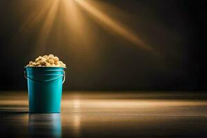 a bucket of popcorn on a table with a spotlight. AI-Generated photo