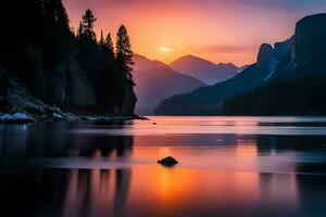 the sun sets over a mountain range and a lake. AI-Generated photo