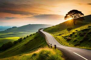 a road winding through the hills at sunset. AI-Generated photo