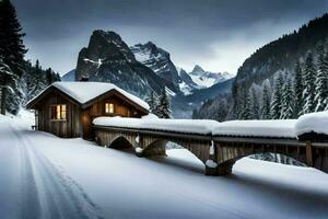 un cabina en el nieve con un puente terminado él. generado por ai foto