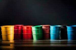 colorful plastic cups lined up in a row. AI-Generated photo