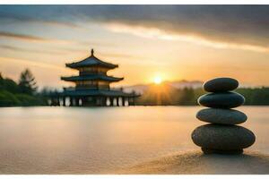 a stack of stones in front of a pagoda at sunset. AI-Generated photo