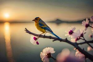 un pájaro se sienta en un rama con flores en el antecedentes. generado por ai foto