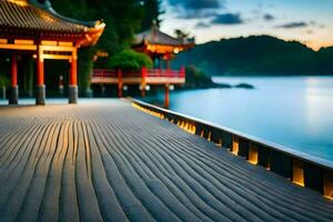 a wooden walkway leads to a pagoda at sunset. AI-Generated photo