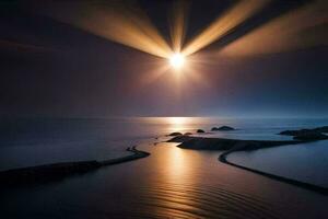 a long exposure photograph of the sun shining over the ocean. AI-Generated photo